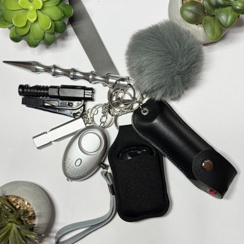 Ключник безпеки Max: сирена, газовий балончик в кейсі, куботан, розбивач-стропоріз, свисток, холдер для антисептика, ремінець, помпон (готовий набір самозахисту), Сірий