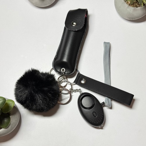 Ключник безпеки Mini: сирена, газовий балончик в кейсі, ремінець, помпон, Чорний