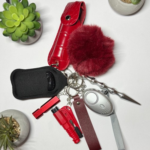 Ключник безпеки Max: сирена, газовий балончик в кейсі, куботан, розбивач-стропоріз, свисток, холдер для антисептика, ремінець, помпон (готовий набір самозахисту), Червоно-Срібний