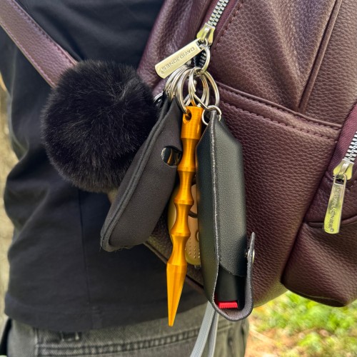 Ключник безпеки Max: сирена, газовий балончик в кейсі, куботан, розбивач-стропоріз, свисток, холдер для антисептика, ремінець, помпон (готовий набір самозахисту), Золотий з чорним