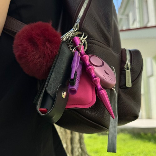 Ключник безпеки Max: сирена, газовий балончик в кейсі, куботан, розбивач-стропоріз, свисток, холдер для антисептика, ремінець, помпон (готовий набір самозахисту), Бордо