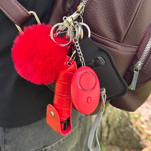 Ключник безпеки Max: сирена, газовий балончик в кейсі, куботан, розбивач-стропоріз, свисток, холдер для антисептика, ремінець, помпон (готовий набір самозахисту), Червоний