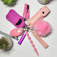 Ключник безпеки Max: сирена, газовий балончик в кейсі, куботан, розбивач-стропоріз, свисток, холдер для антисептика, ремінець, помпон (готовий набір самозахисту), Рожевий