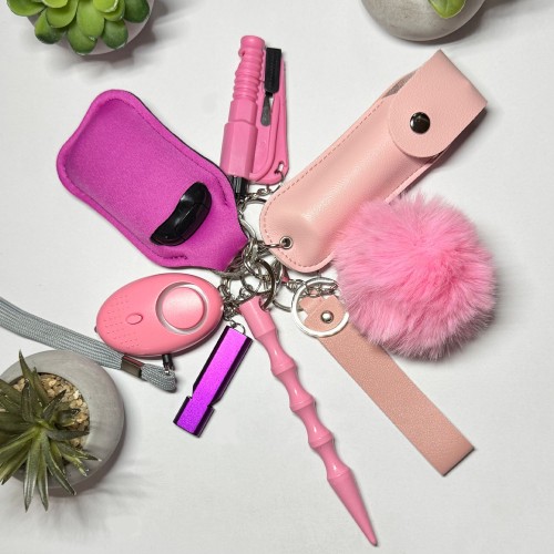 Ключник безпеки Max: сирена, газовий балончик в кейсі, куботан, розбивач-стропоріз, свисток, холдер для антисептика, ремінець, помпон (готовий набір самозахисту), Рожевий